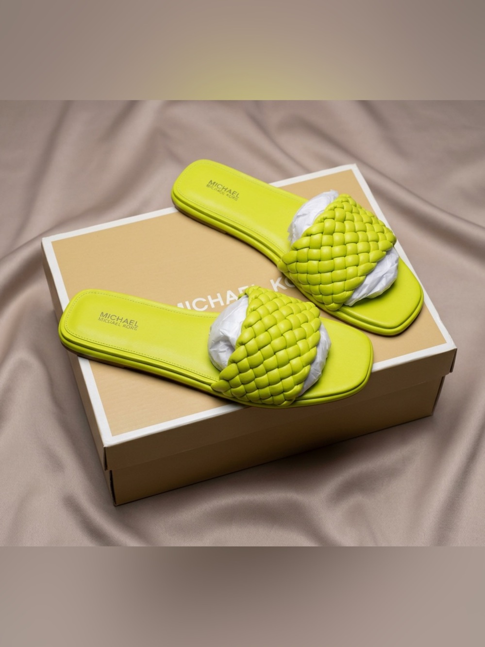 Michael Kors Lime Braided Slide Sandals 8.5M • Leather Sole • New w/ Box